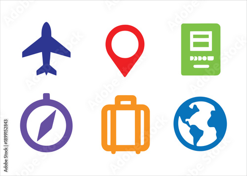 Set of travel icons including an airplane, map marker, passport, compass, suitcase, and globe, symbolizing journeys and global exploration