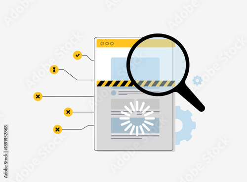 SEO audit web page inspection with magnifying glass, error detection checks, loading optimization gears and caution alerts for digital performance analysis in seo website maintenance, cybersecurity