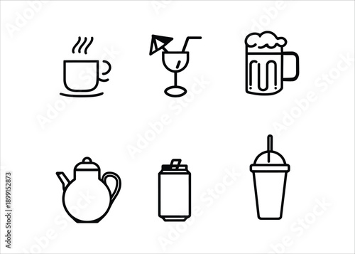 Stylized vector line icons of popular beverages hot coffee, festive cocktail, frothy beer, classic teapot, refreshing soda, and convenient to-go cup for various design projects