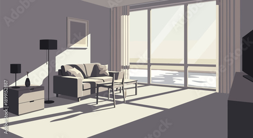 Modern living room interior with gray sofa chair coffee table and large window with sunlight