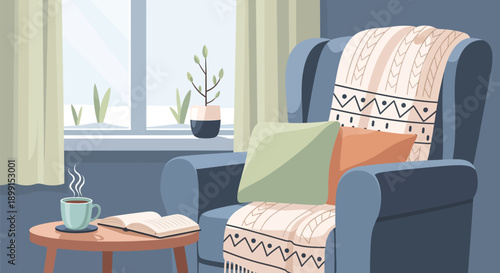 Cozy living room scene with blue armchair blanket and steaming coffee cup on wooden table by window