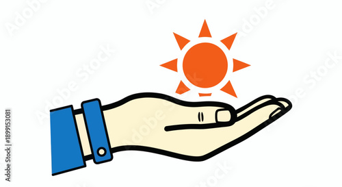 An outstretched hand holding a vibrant sun symbol above its palm, depicted in a simple illustration style, conveying warmth and energy from a straightforward viewpoint