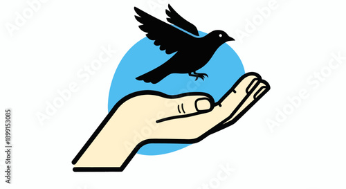A hand releasing a black bird into the air, symbolizing freedom and wildlife conservation, viewed from a straightforward perspective as an illustration.