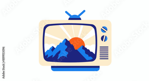 Vintage television displaying serene mountain landscape at sunset with retro antenna on top and control panel on the side