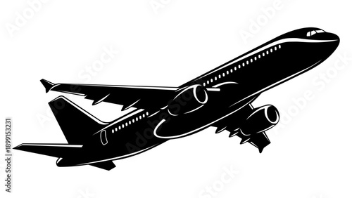 Black silhouette of a commercial airplane in flight on white background