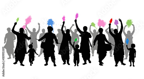 Holi Festival Celebration with Silhouettes of People Dancing and Throwing Colors.