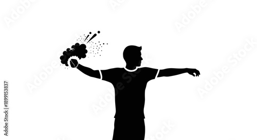 Silhouette of a person throwing a smoke bomb or firework, creating a burst of sparks and smoke.