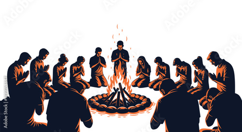 People gathered around a campfire in a circle, praying or meditating in a spiritual or religious ceremony, with hands clasped together.