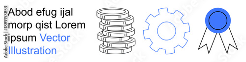Economic growth, technological innovation, business operations, achievements, awards, system functions. Stacked coins, gear and a blue ribbon. Economic growth and technological innovation concept