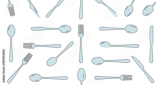 Fun seamless pattern of hand-drawn spoons, forks, and knives in a soft blue color palette for kitchen accessories or restaurant branding materials.