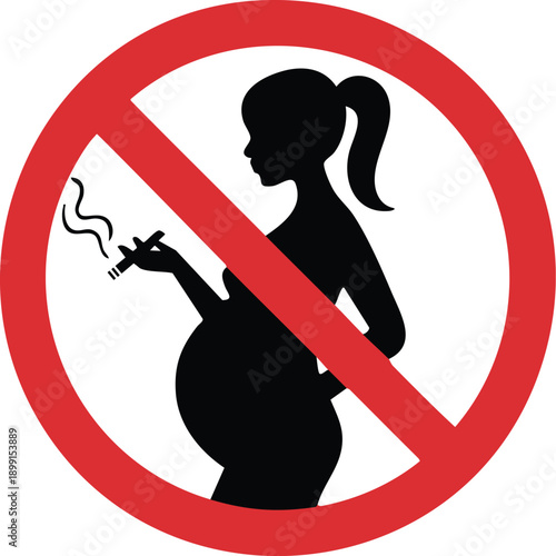 No Smoking During Pregnancy Health Warning Sign, Maternal Health Prohibition Symbol with Pregnant Woman Silhouette, Prohibitive No Tobacco Regulatory Graphic for Prenatal Safety, vector, illustration.