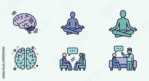 Illustrations of meditation and therapy sessions conveying mental health and wellness concepts from various viewpoints