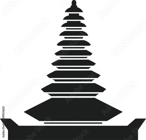 Black silhouette of a traditional Balinese Hindu Meru temple tower with multi-tiered thatched roofs, isolated on a white background, Indonesia.