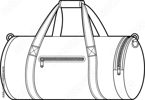 Black, line, art, illustration, of, a, cylindrical, duffel, bag, with, zipper, and, handles, for, gym, travel, sports, and, luggage, isolated, on, white.