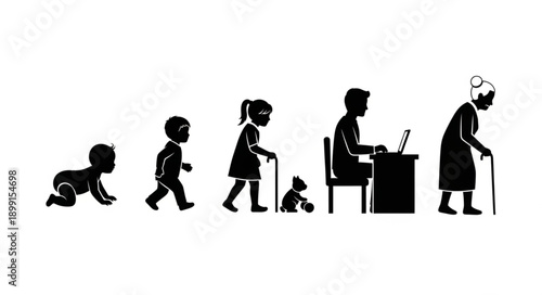 Human life cycle stages from baby to elderly person silhouette.