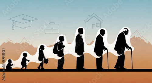 Human life cycle stages from baby to elderly person with symbolic elements.