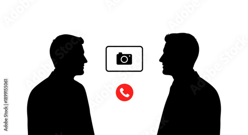 Two men facing each other with a camera and phone icon between them