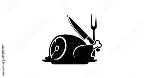 Roasted chicken or turkey with carving knife and fork, black and white icon illustration for food and restaurant designs.