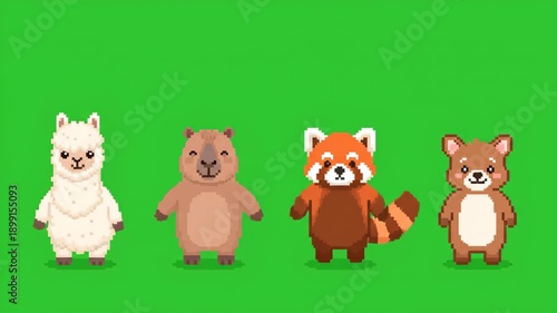 Pixel Art Animals Dancing Synchronized on Green Screen