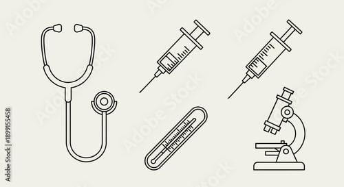 Medical instruments including stethoscope syringe microscope and clip depicted in minimalist line art style