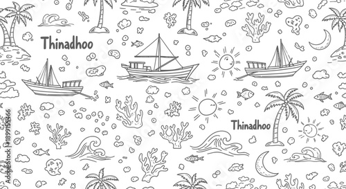 Illustration of Tropical Scene with Boats, Coral, and Palm Trees on Paper