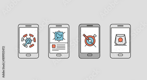 Mobile devices showcasing security features with icons for protection and targeting from a straightforward viewpoint