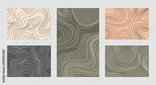 Set of five abstract topographical map patterns featuring curved contour lines in different color palettes for modern background designs.