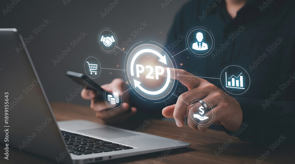 custom made wallpaper toronto digitalBusinessperson engages with P2P network and financial data hologram using phone and laptop in a dim office