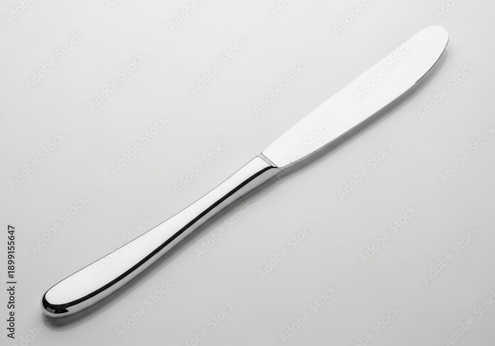 Fototapeta premium A shiny silver butter knife on a gray surface