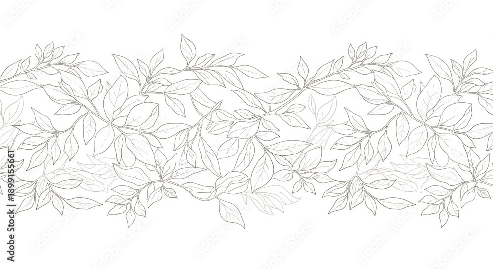 Obraz premium Delicate horizontal border of hand drawn leaf branches in a sketchy line art style on a plain white background for minimalist designs.
