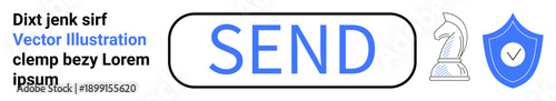 Messaging, cybersecurity, decision-making, online protection, strategy, digital communication. Highlighted blue send button, knight chess piece and shield with check. Messaging and cybersecurity