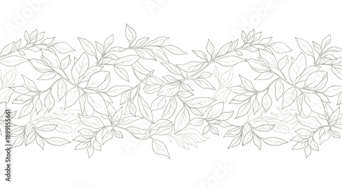 Delicate horizontal border of hand drawn leaf branches in a sketchy line art style on a plain white background for minimalist designs.