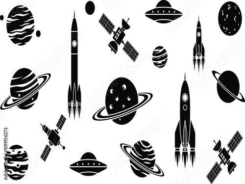 Collection of stylized black and white space icons featuring planets rockets satellites and flying saucers