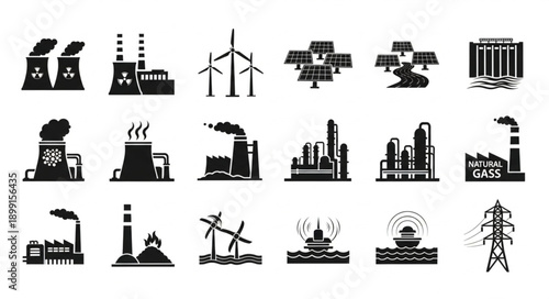 Collection of Industrial Power Generation Icons and Symbols.