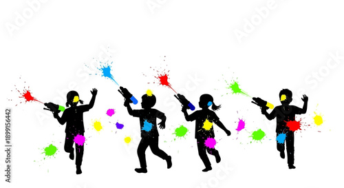 Silhouettes of children playing with colorful water guns, creating vibrant paint splatters on a white background, celebrating childhood fun and creativity.