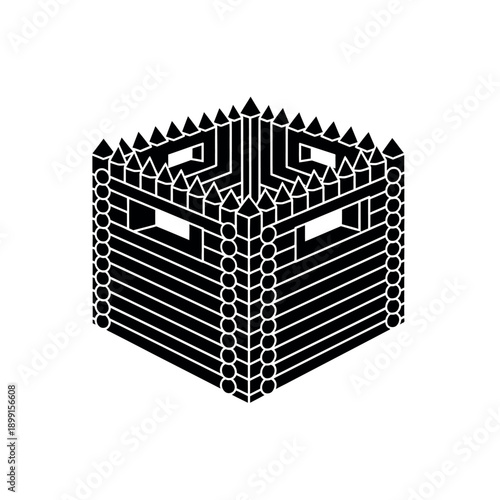 Fortress stronghold log cabin defense structure.