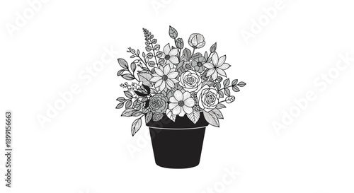 Detailed black and white line art illustration of a flower pot overflowing with a variety of beautiful garden flowers and lush leaves.