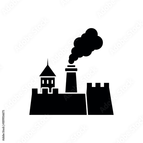 Industrial factory building with smoking chimney icon.