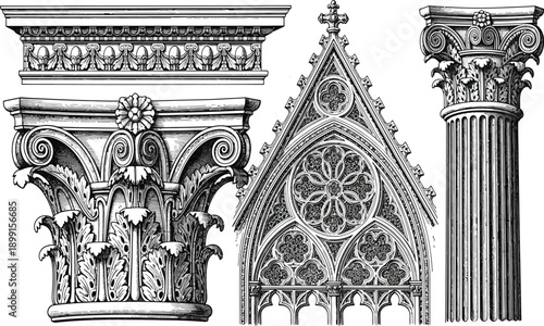 Collection of detailed architectural elements showing classical and gothic ornamental design features