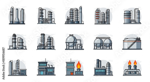 Collection of Industrial Factory and Refinery Icons.