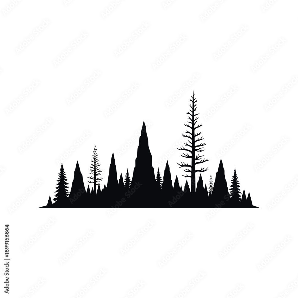 Obraz premium Pine forest silhouette illustration black trees on white background.