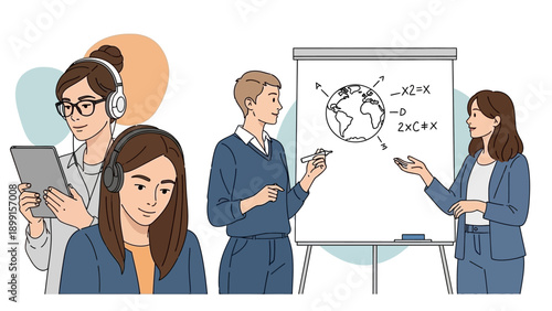 Diverse scenes depicting modern education and collaboration, with individuals engaged in digital learning and a team presenting scientific concepts on a whiteboard.