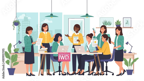 A diverse group of professional women collaborating and working together in a modern office environment, celebrating International Women's Day.