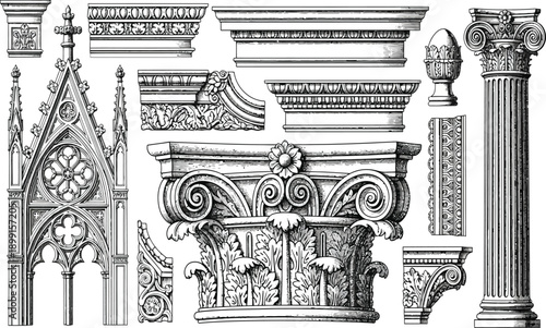 Collection of detailed architectural elements featuring gothic arches and classical column capitals engravings