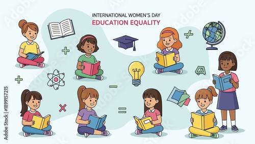 A group of diverse young girls reading books, surrounded by educational symbols, promoting education equality for International Women's Day.