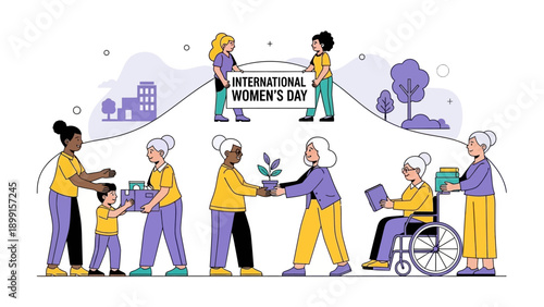 Diverse women celebrating International Women's Day through community support and collaborative activities.