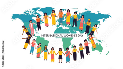 Diverse women from around the world holding hands in a circle on a world map, celebrating International Women's Day, symbolizing global unity and empowerment.