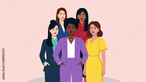 Diverse group of five professional women standing together, representing empowerment and teamwork.