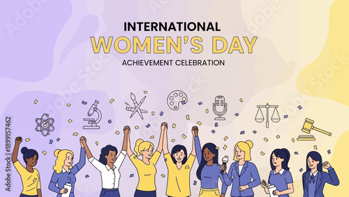 Diverse women celebrating International Women's Day with raised hands and icons representing achievements in various fields like science, justice, and arts.