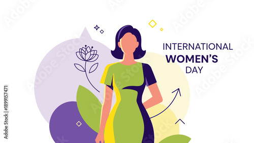 Illustration of a woman celebrating International Women's Day with a flower and abstract elements, symbolizing empowerment and equality.